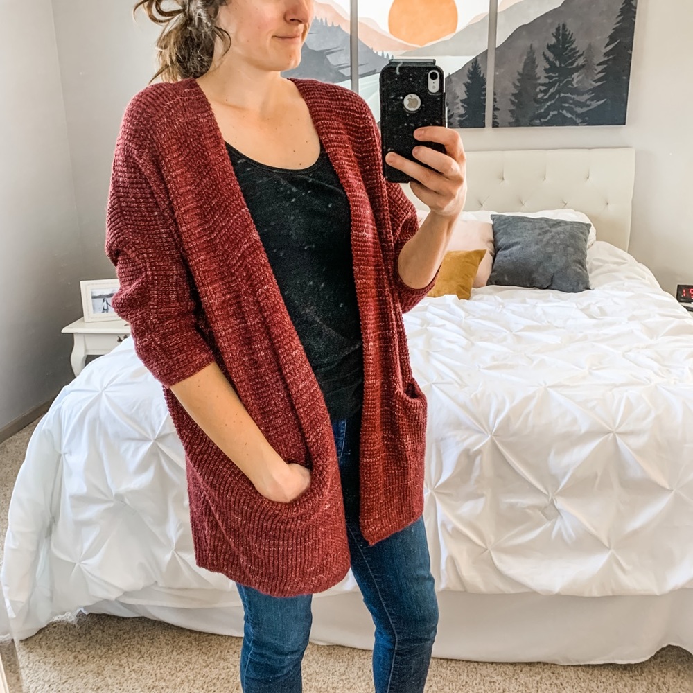 Universal Thread maroon knit oversized open front cardigan sweater
